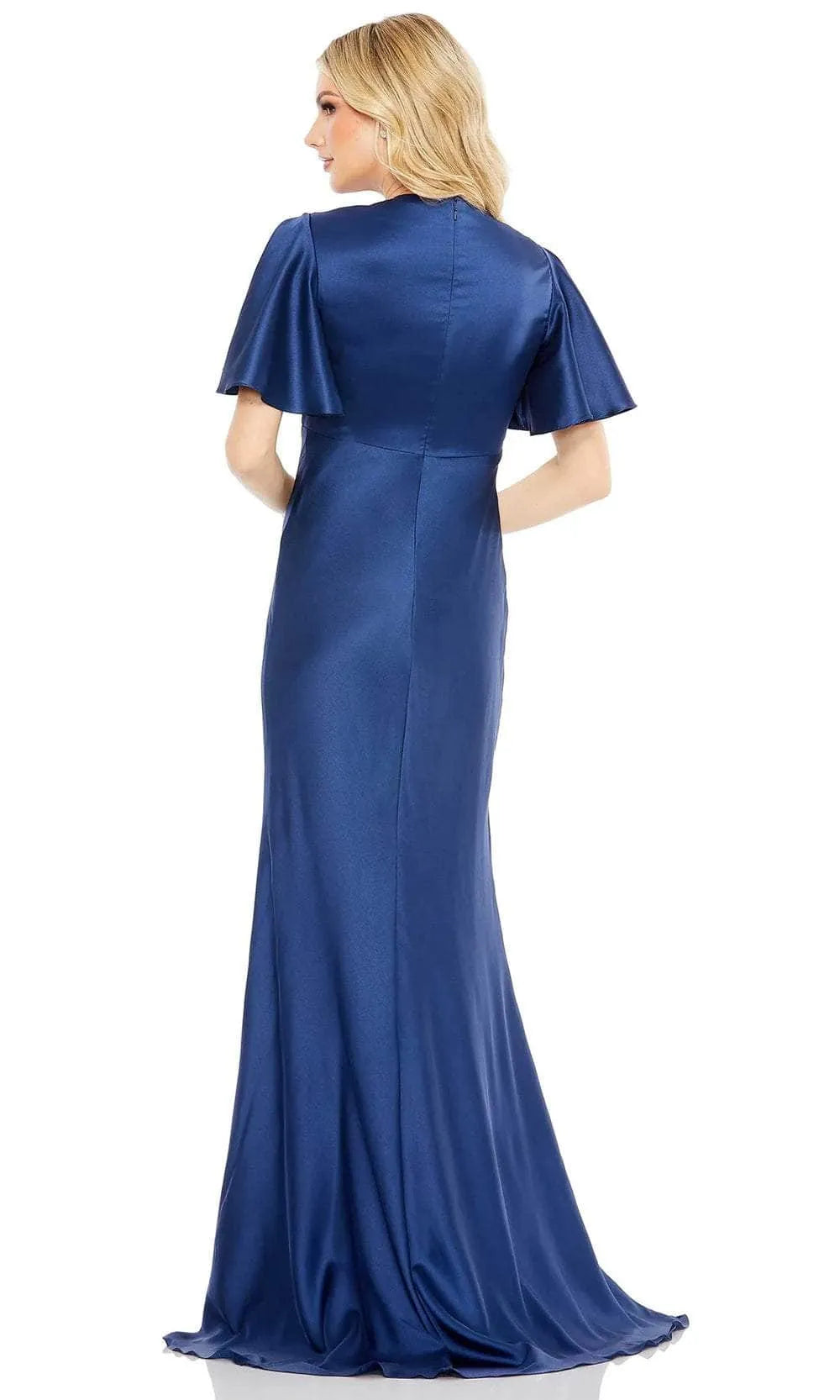 Wine - Red Evening Gown with Deep V Neckline Flutter Sleeves Ruched Bodice and Mermaid Silhouette for Formal Galas Romantic Weddings