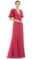 Wine - Red Evening Gown with Deep V Neckline Flutter Sleeves Ruched Bodice and Mermaid Silhouette for Formal Galas Romantic Weddings