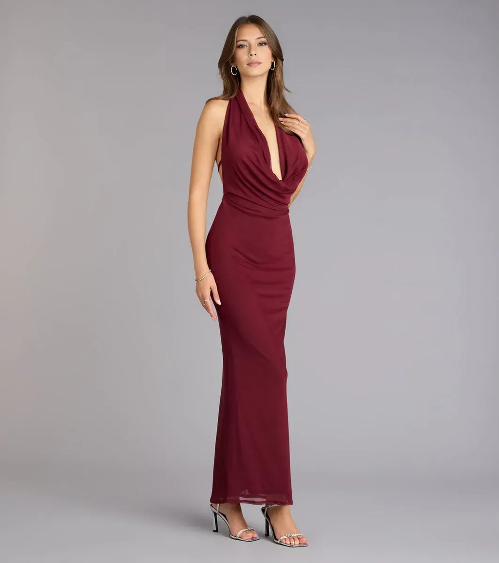 Wine Mermaid Cowl Halter Neck Sleeveless Draped Backless Ankle-Length Prom Dresses