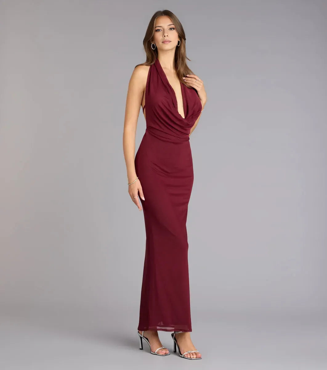Wine Mermaid Cowl Halter Neck Sleeveless Draped Backless Ankle-Length Prom Dresses