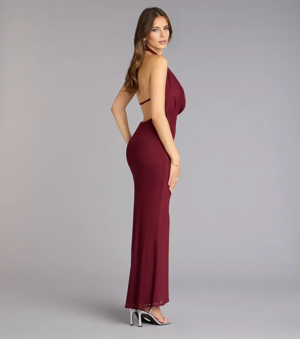 Wine Mermaid Cowl Halter Neck Sleeveless Draped Backless Ankle-Length Prom Dresses