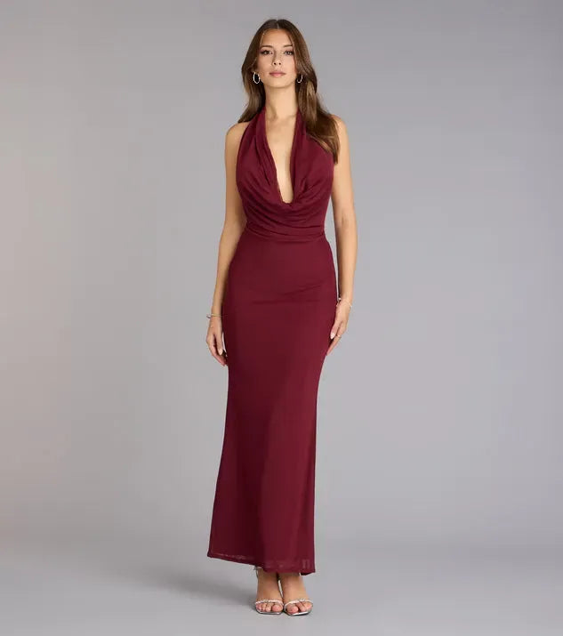 Wine Mermaid Cowl Halter Neck Sleeveless Draped Backless Ankle-Length Prom Dresses