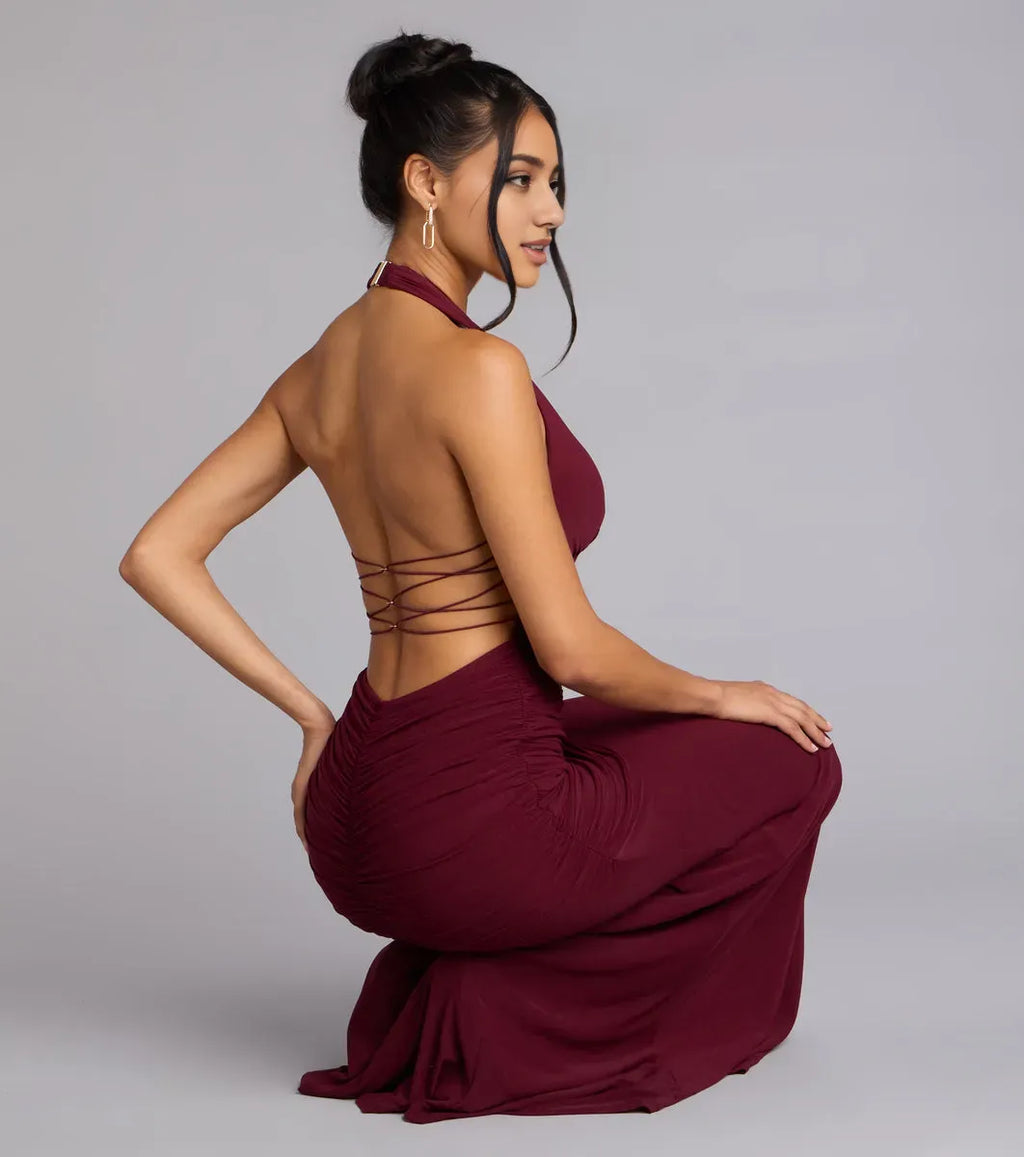 Wine Mermaid Plunge Halter Neck Sleeveless Ruched Lace-Up Back Floor-Length Prom Dresses