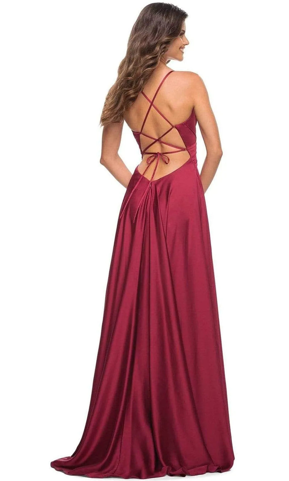 Wine Red Prom Dress with Cross Wrap Bodice Spaghetti Straps and High Side Slit for Formal Occasions