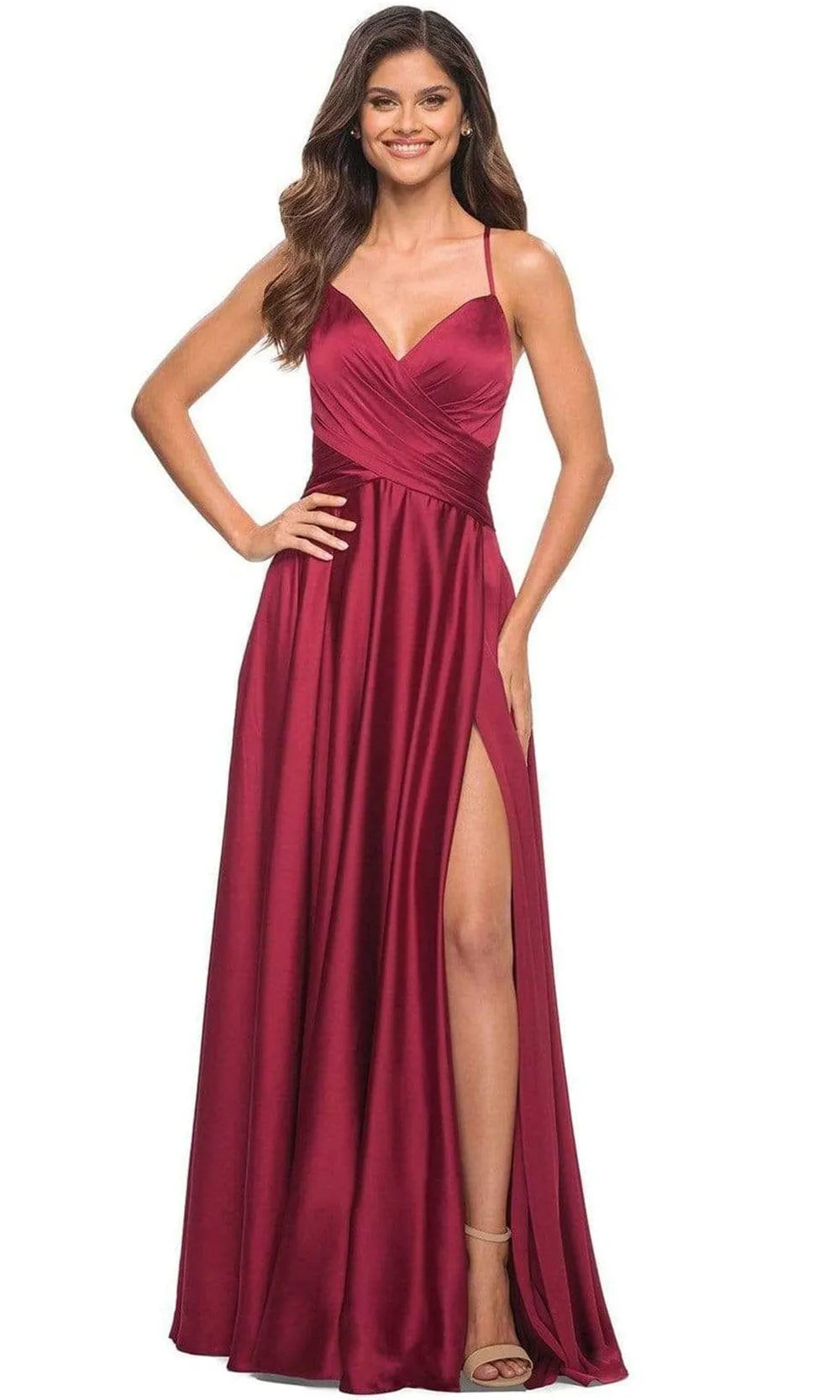 Wine Red Prom Dress with Cross Wrap Bodice Spaghetti Straps and High Side Slit for Formal Occasions