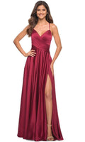 Wine Red Prom Dress with Cross Wrap Bodice Spaghetti Straps and High Side Slit for Formal Occasions