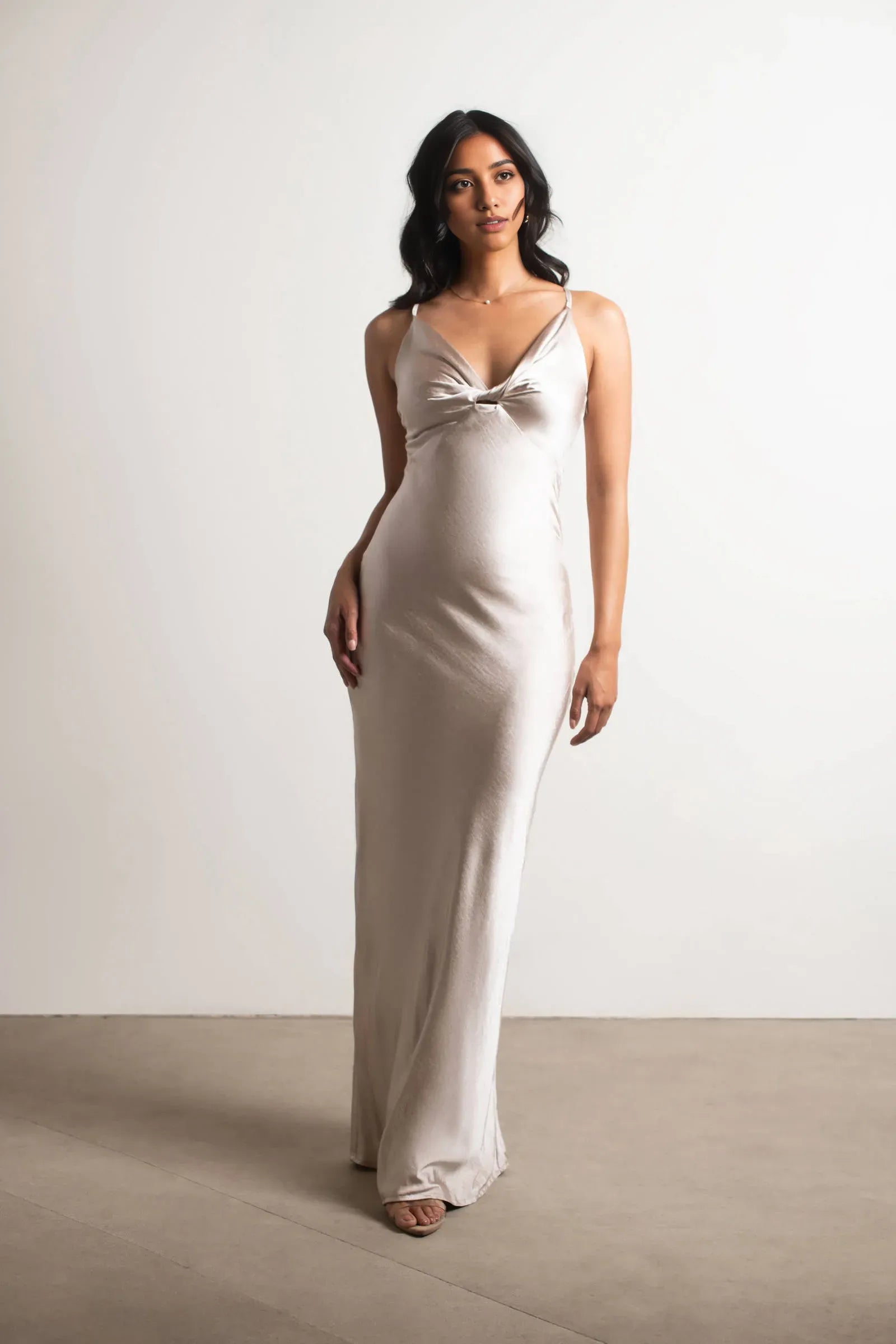 Gold Sheath Spaghetti-Strap Sleeveless Ruffle Crisscross Back Floor-Length Prom Dresses