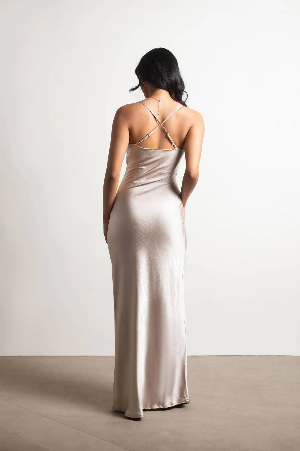 Gold Sheath Spaghetti-Strap Sleeveless Ruffle Crisscross Back Floor-Length Prom Dresses