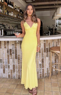 Yellow Prom Dress Plunging V Neck Spaghetti Straps Floor Length Silhouette for a Fresh Glam Look
