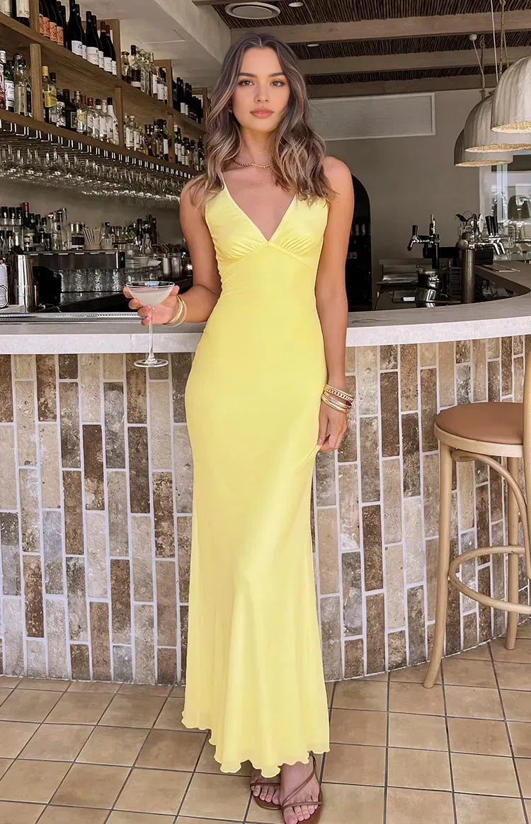 Yellow Prom Dress Plunging V Neck Spaghetti Straps Floor Length Silhouette for a Fresh Glam Look
