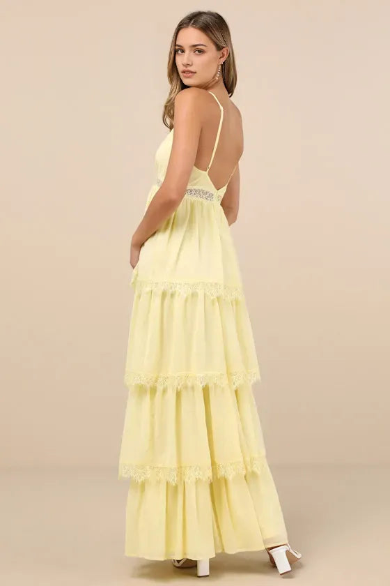 Yellow Prom Dress with Spaghetti Straps V Neckline Trimmed Tiered Skirt for Formal Occasions