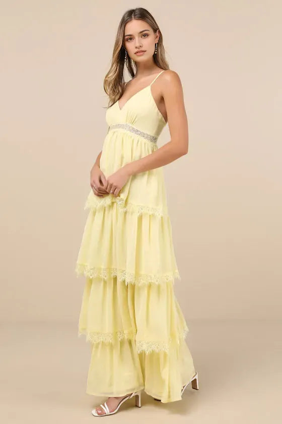 Yellow Prom Dress with Spaghetti Straps V Neckline Trimmed Tiered Skirt for Formal Occasions
