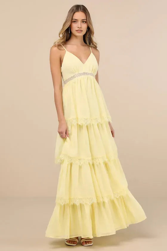 Yellow Prom Dress with Spaghetti Straps V Neckline Trimmed Tiered Skirt for Formal Occasions