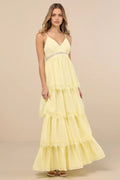 Yellow Prom Dress with Spaghetti Straps V Neckline Trimmed Tiered Skirt for Formal Occasions