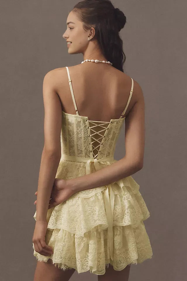 Yellow Homecoming Dress with Spaghetti Straps Corset - Style Bodice and Tiered Ruffle Skirt Perfect for Memorable School Dances