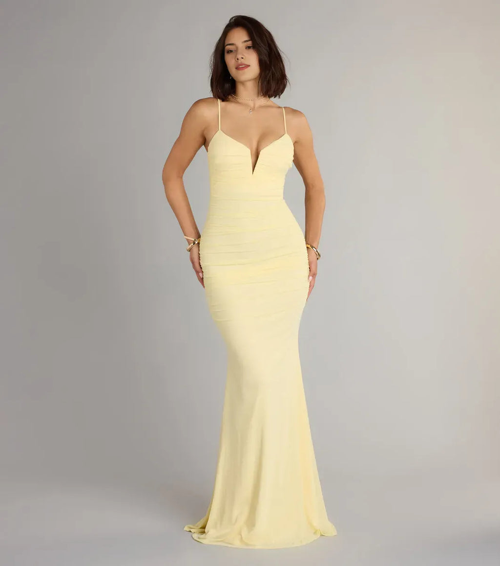 Yellow Mermaid V-neckline Spaghetti Strap Back Zip Floor-Length Ruched Prom Dresses