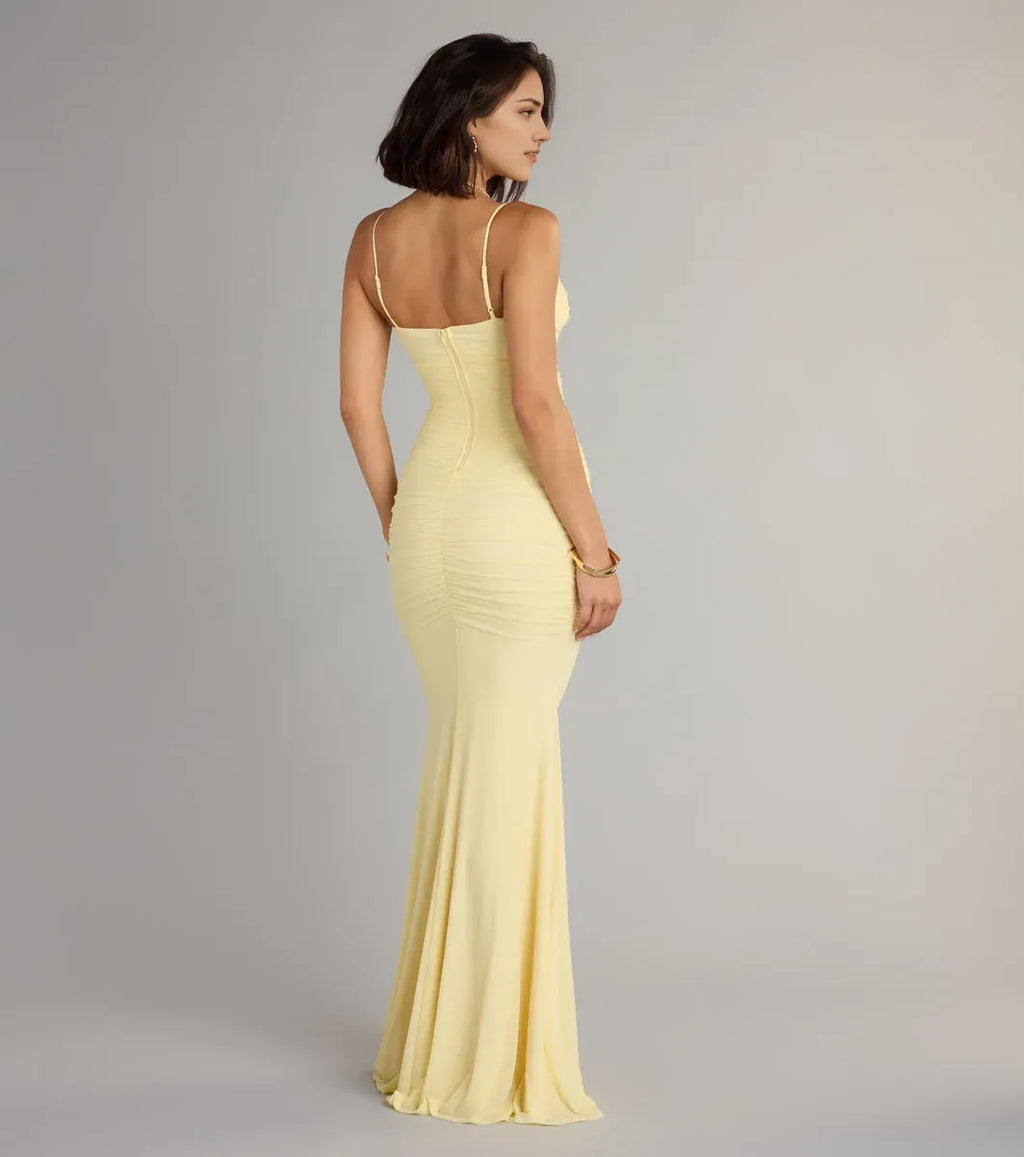 Yellow Mermaid V-neckline Spaghetti Strap Back Zip Floor-Length Ruched Prom Dresses