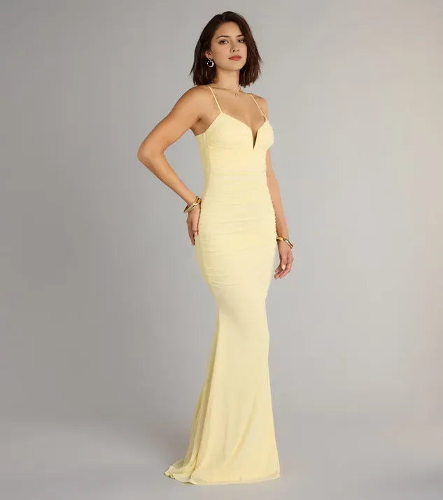 Yellow Mermaid V-neckline Spaghetti Strap Back Zip Floor-Length Ruched Prom Dresses