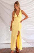 Yellow Prom Dress Plunging V Neck Sleeveless Ruffled Side Slit for a Sophisticated Alluring Appeal