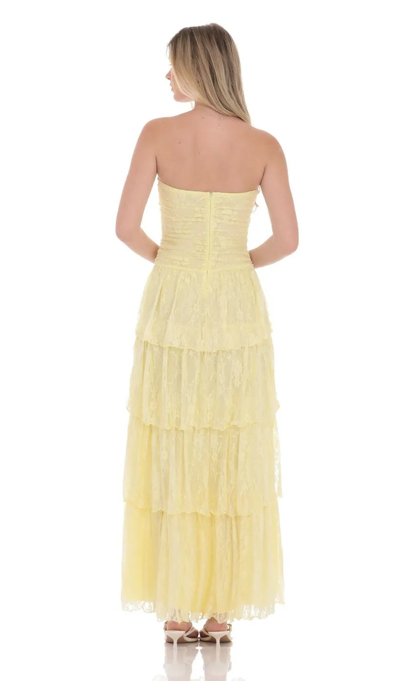 Yellow Prom Gown with Strapless Neckline Tiered Skirt and Subtle Ruched Detailing Suited for Refined Prom Nights