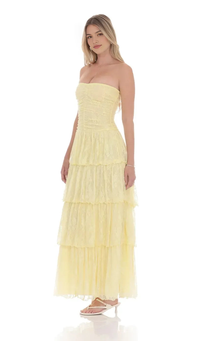 Yellow Prom Gown with Strapless Neckline Tiered Skirt and Subtle Ruched Detailing Suited for Refined Prom Nights
