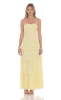 Yellow Prom Gown with Strapless Neckline Tiered Skirt and Subtle Ruched Detailing Suited for Refined Prom Nights