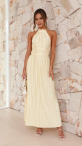 Yellow Sheath Halter Neckline Sleeveless Pleated Backless Slit Ankle-Length Prom Dresses