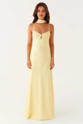 Yellow Sheath V- Neck Spaghetti Straps Tie Back Scarf Detail Floor-Length Prom Dresses