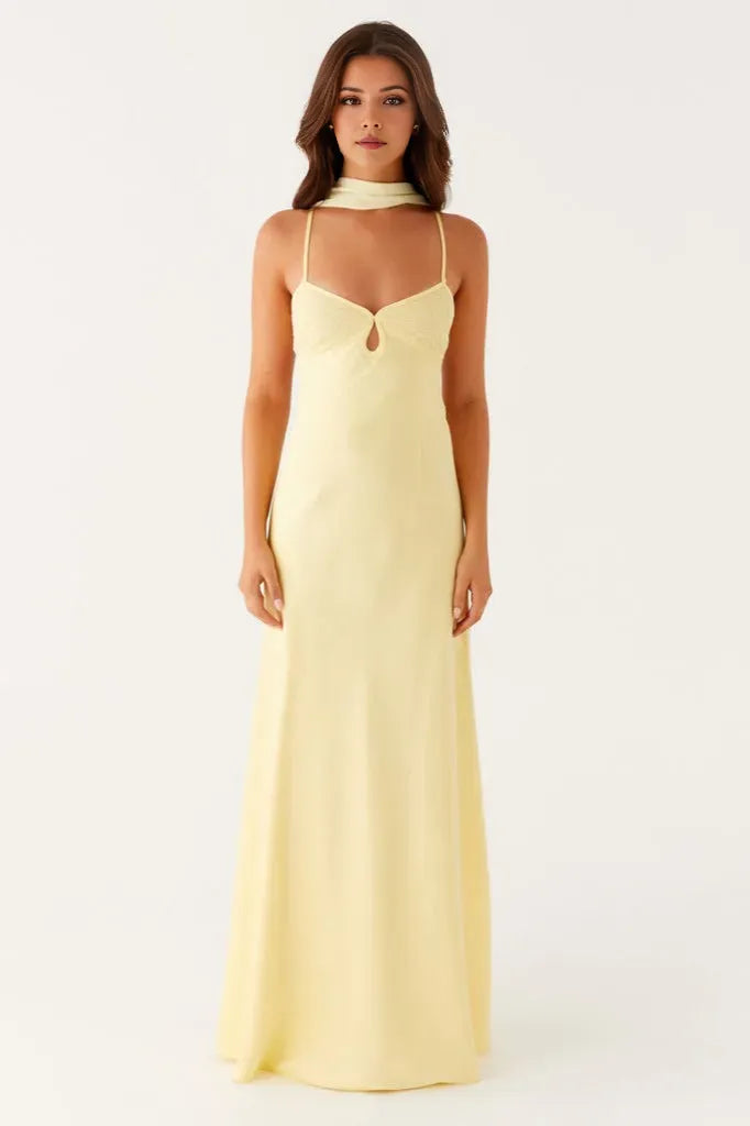Yellow Sheath V- Neck Spaghetti Straps Tie Back Scarf Detail Floor-Length Prom Dresses