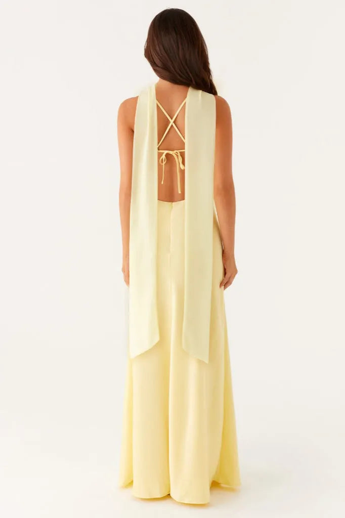 Yellow Sheath V- Neck Spaghetti Straps Tie Back Scarf Detail Floor-Length Prom Dresses