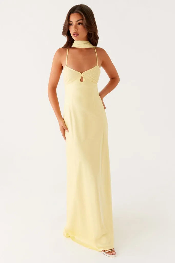 Yellow Sheath V- Neck Spaghetti Straps Tie Back Scarf Detail Floor-Length Prom Dresses