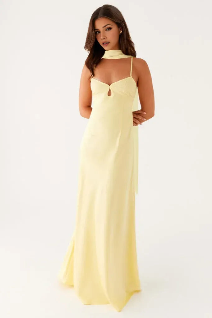 Yellow Sheath V- Neck Spaghetti Straps Tie Back Scarf Detail Floor-Length Prom Dresses