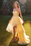 Yellow Prom Dress with High - Low Hem Bodice and Halter Neckline: Perfect for Enchanting Ball Moments