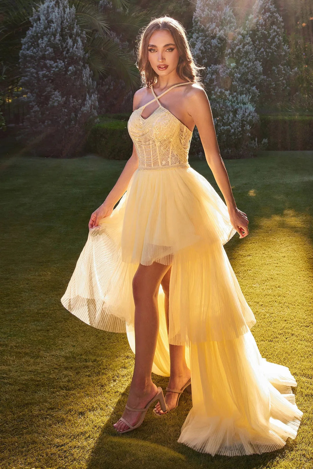 Yellow Prom Dress with High - Low Hem Bodice and Halter Neckline: Perfect for Enchanting Ball Moments
