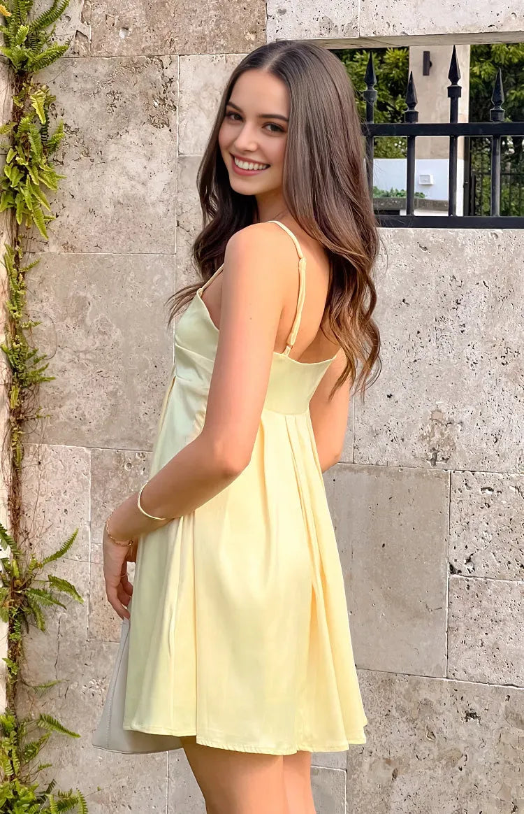 Yellow featuring Deep V-Neck Skirt Homecoming Dresses Skirt and Spaghetti Straps for a Feminine Appeal