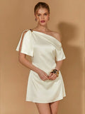 Refined Beautiful Elegant Gold Satin A-Line One-Shoulder Short Sleeve Mini Homecoming Dress