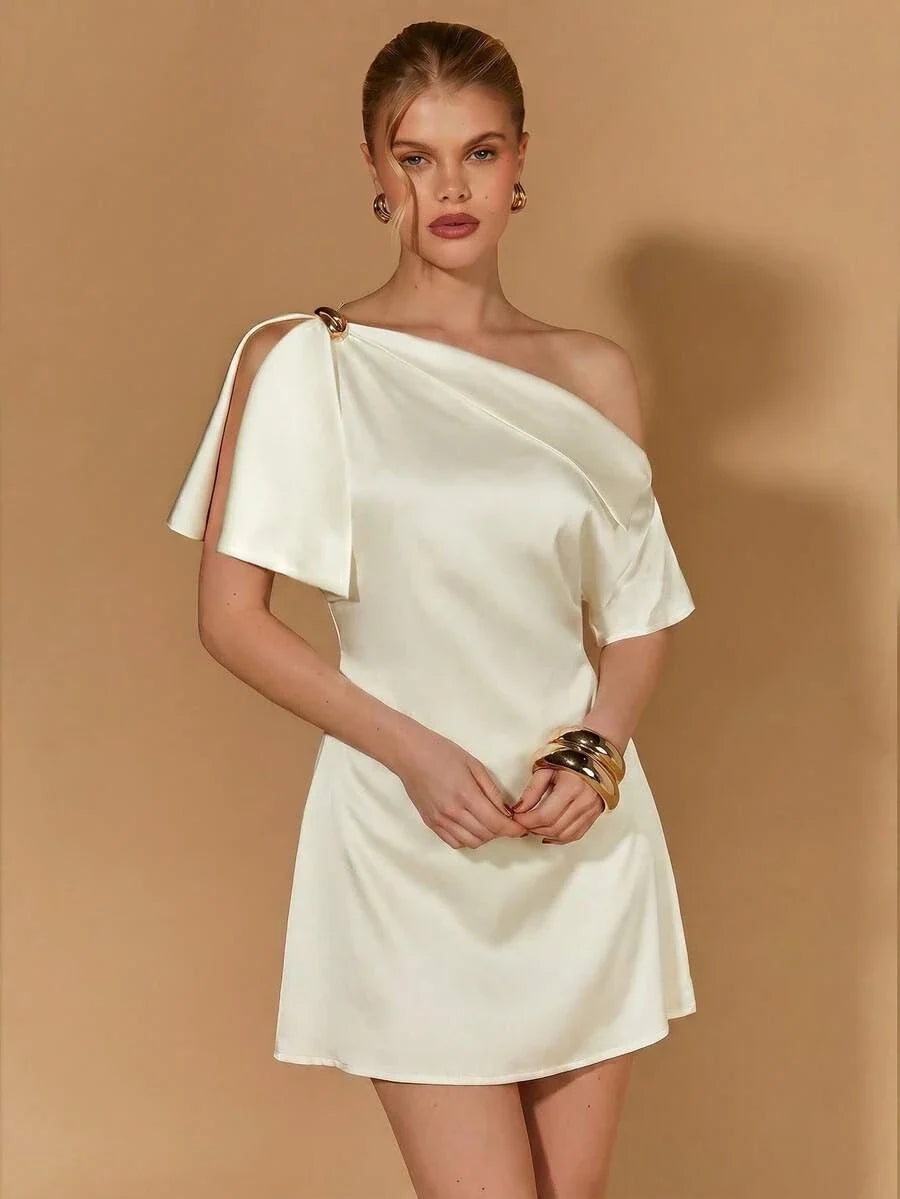 Refined Beautiful Elegant Gold Satin A-Line One-Shoulder Short Sleeve Mini Homecoming Dress