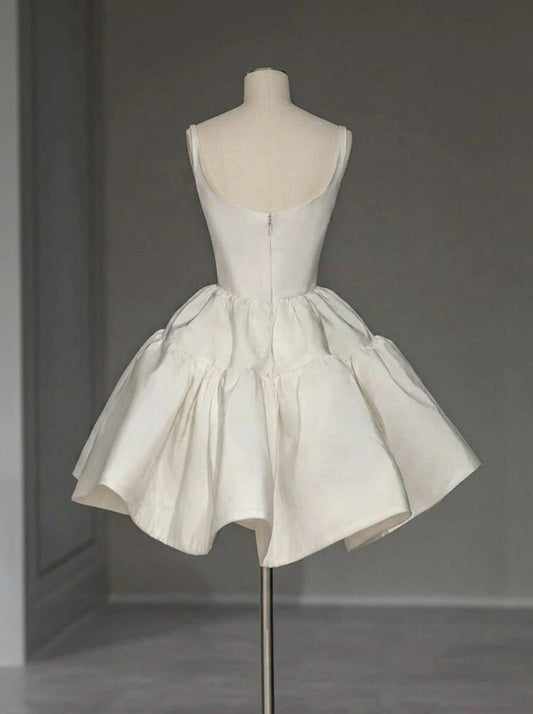 Sophisticated Graceful Stylish Elegant Ivory Satin A-Line Scoop Neck Mini Homecoming Dress