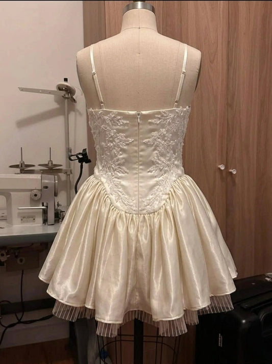 Sophisticated Graceful Stylish Elegant Ivory Satin A-Line Spaghetti Strap Short Homecoming Dress