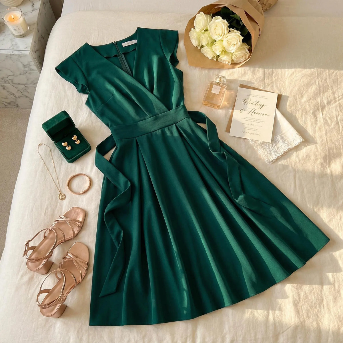 Timeless Special Occasion Sophisticated Elegant Emerald Green A-Line V-Neck Midi Homecoming Dress