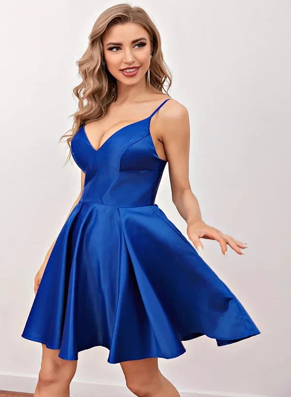 Stylish Refined Elegant Royal Blue Satin A-Line V-Neck Pleated Short Homecoming Dress