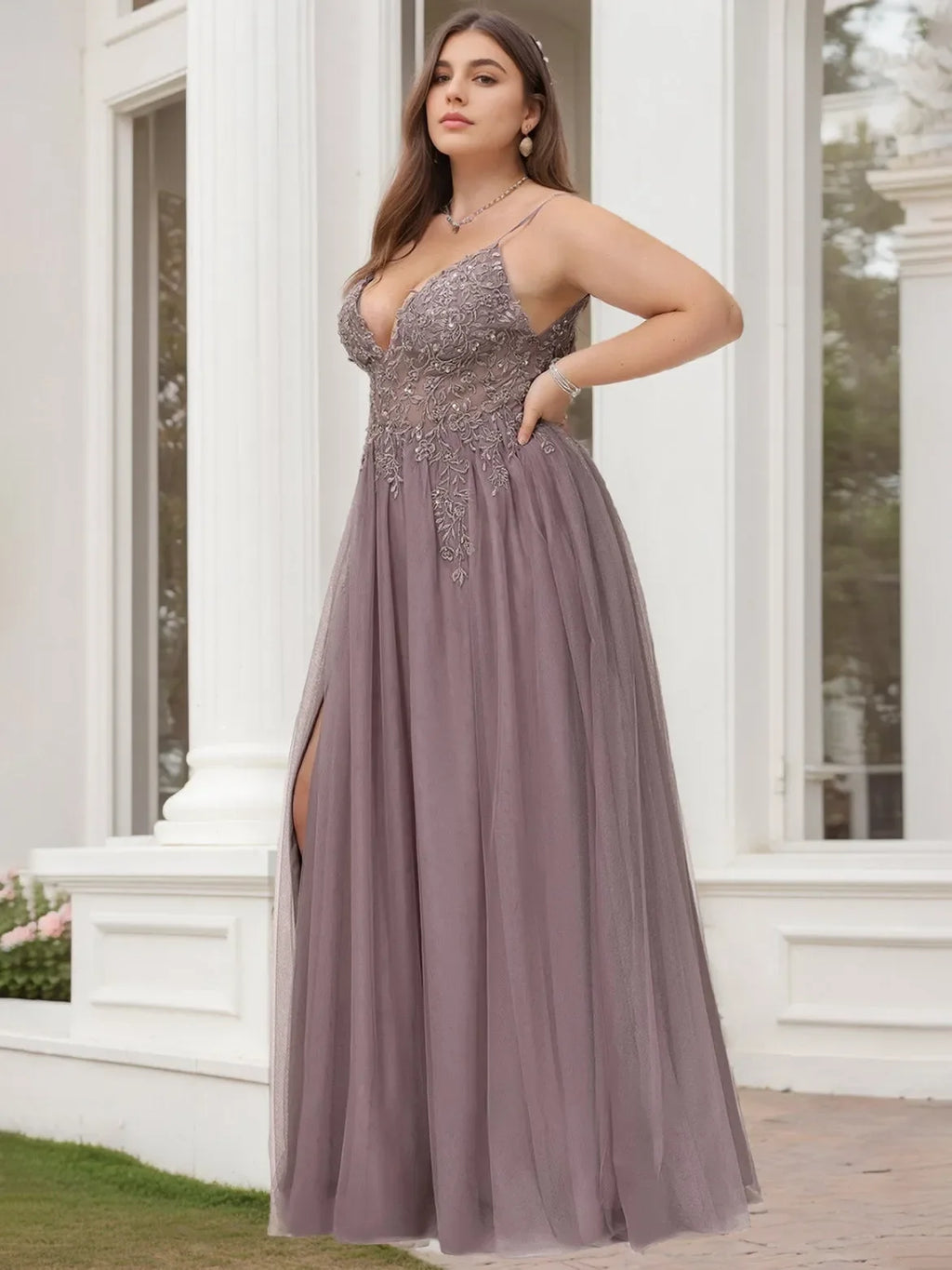 V-Neck Sleeveless Slit Back Zip Floor-Length Plus Size Prom Dresses With Beads & Sequins
