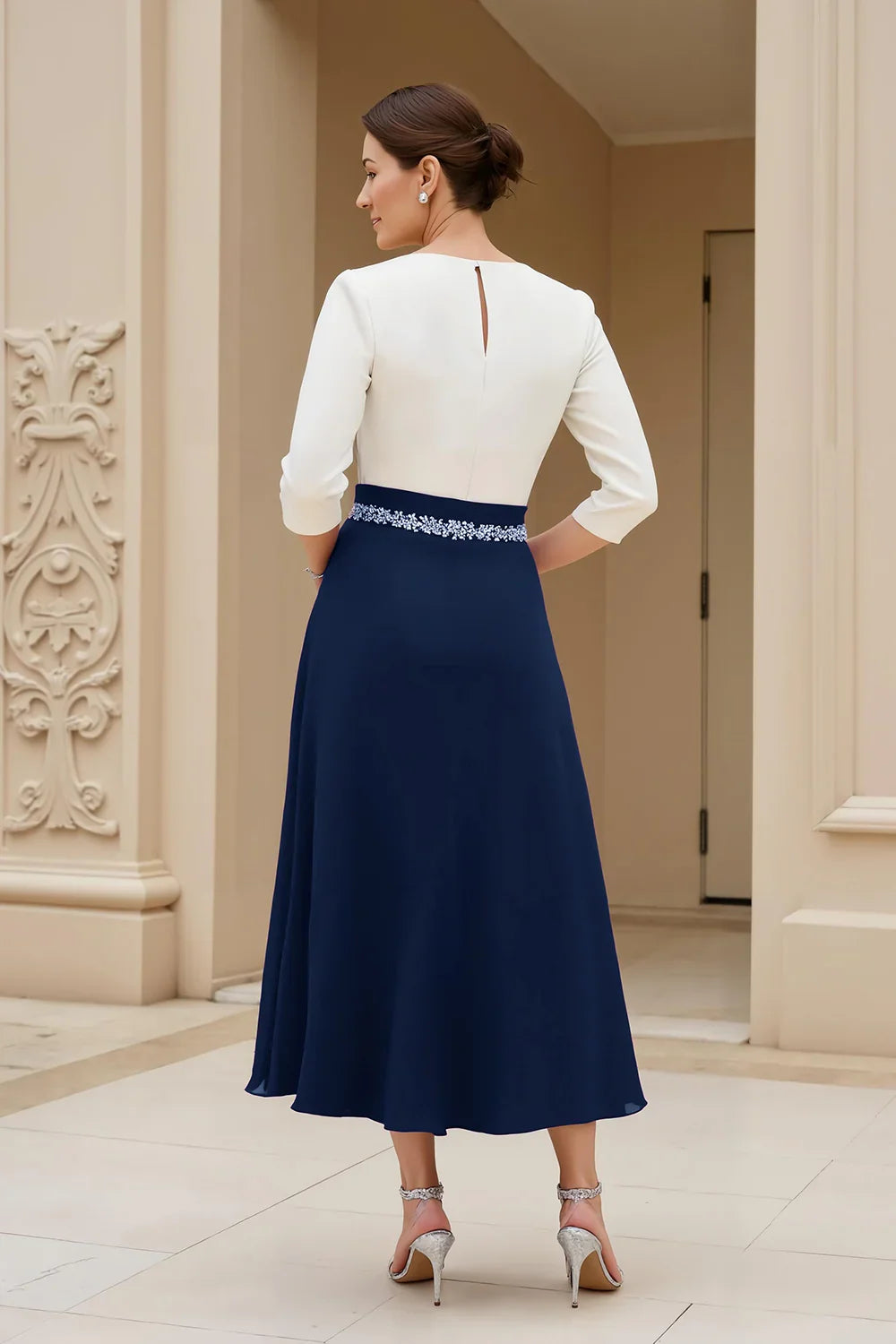 Graceful Stylish Elegant Purple Long Sleeve Tea-Length Mother of the Bride Dress