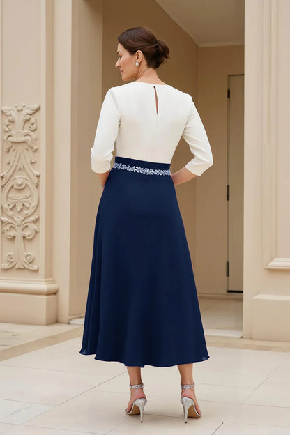 Graceful Stylish Elegant Purple Long Sleeve Tea-Length Mother of the Bride Dress