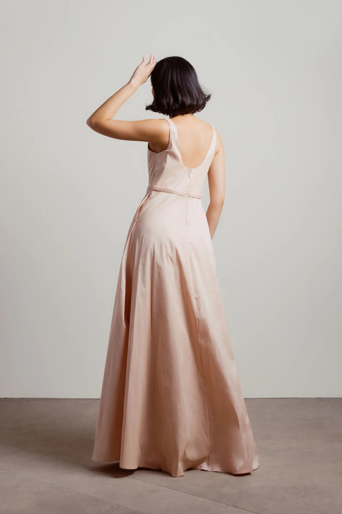 Blush A-Line Plunging V-Neck Sleeveless Pleated Back Zip High-Sid Slit Floor-Length Prom Dresses