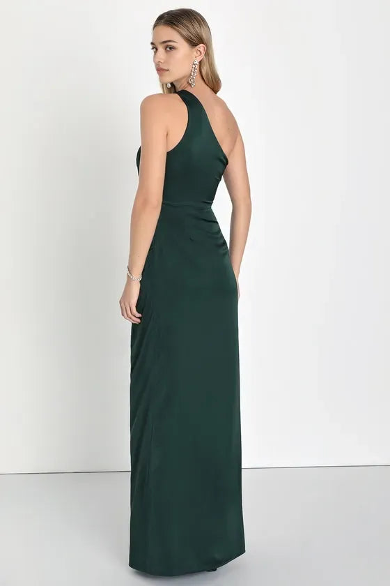 Green Dark Prom Dress with One Shoulder Design Draped Bodice and High Thigh Side Slit for Formal Occasions