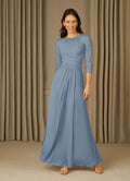 Blue Dusty A-Line Mother of the Bride Dress with 3/4 Sleeves Ruched Bodice and Flowy Skirt for Formal Occasions