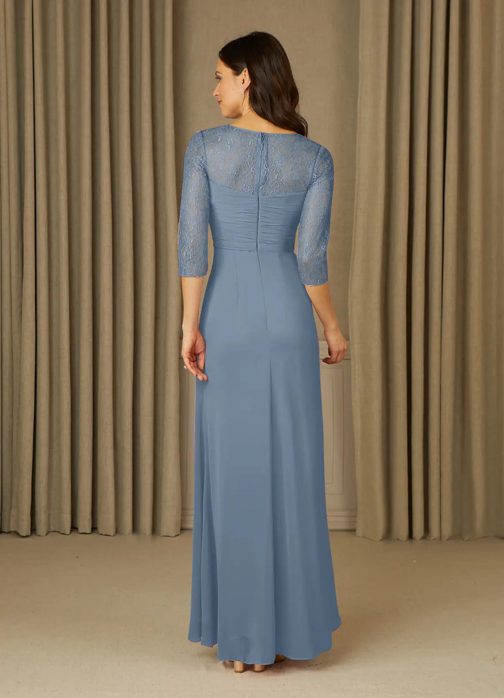 Blue Dusty A-Line Mother of the Bride Dress with 3/4 Sleeves Ruched Bodice and Flowy Skirt for Formal Occasions