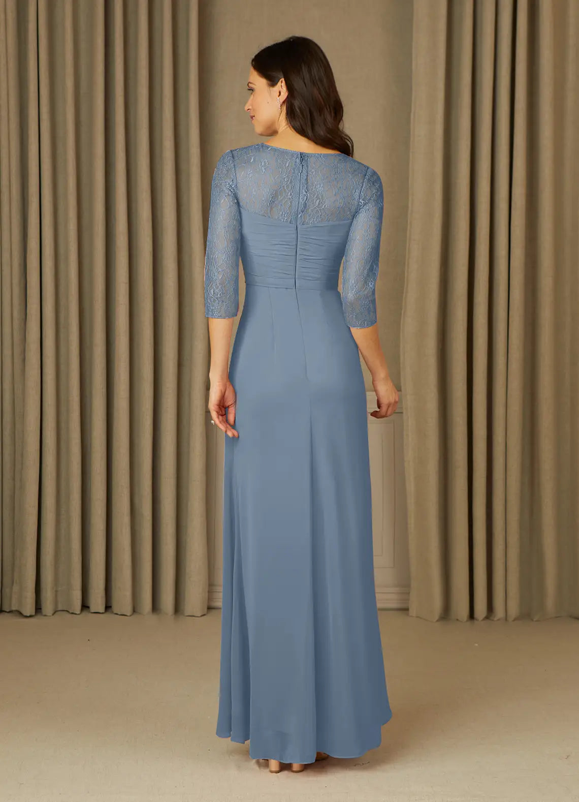 Blue Dusty A-Line Mother of the Bride Dress with 3/4 Sleeves Ruched Bodice and Flowy Skirt for Formal Occasions