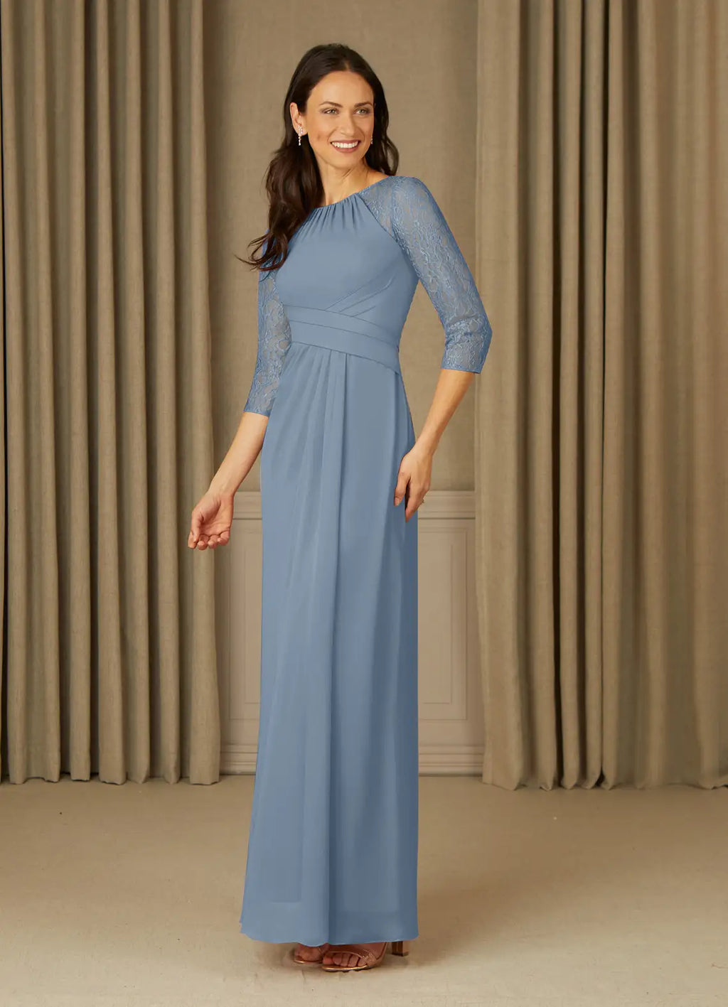 Blue Dusty A-Line Mother of the Bride Dress with 3/4 Sleeves Ruched Bodice and Flowy Skirt for Formal Occasions